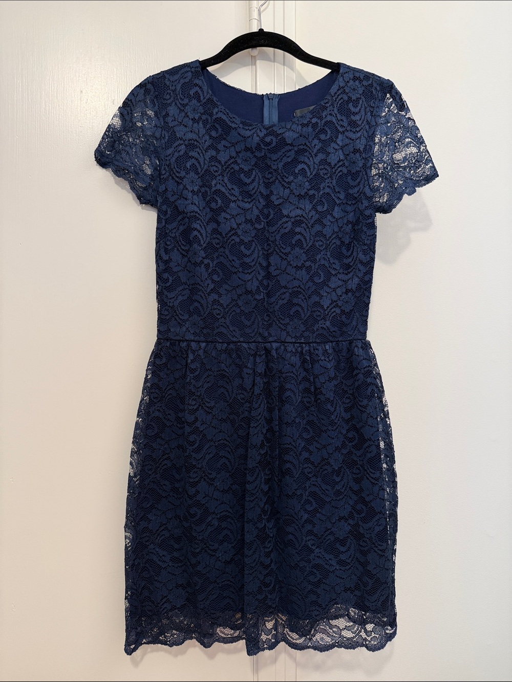 Aqua Navy Lace Short Sleeve Fit & Flare Dress